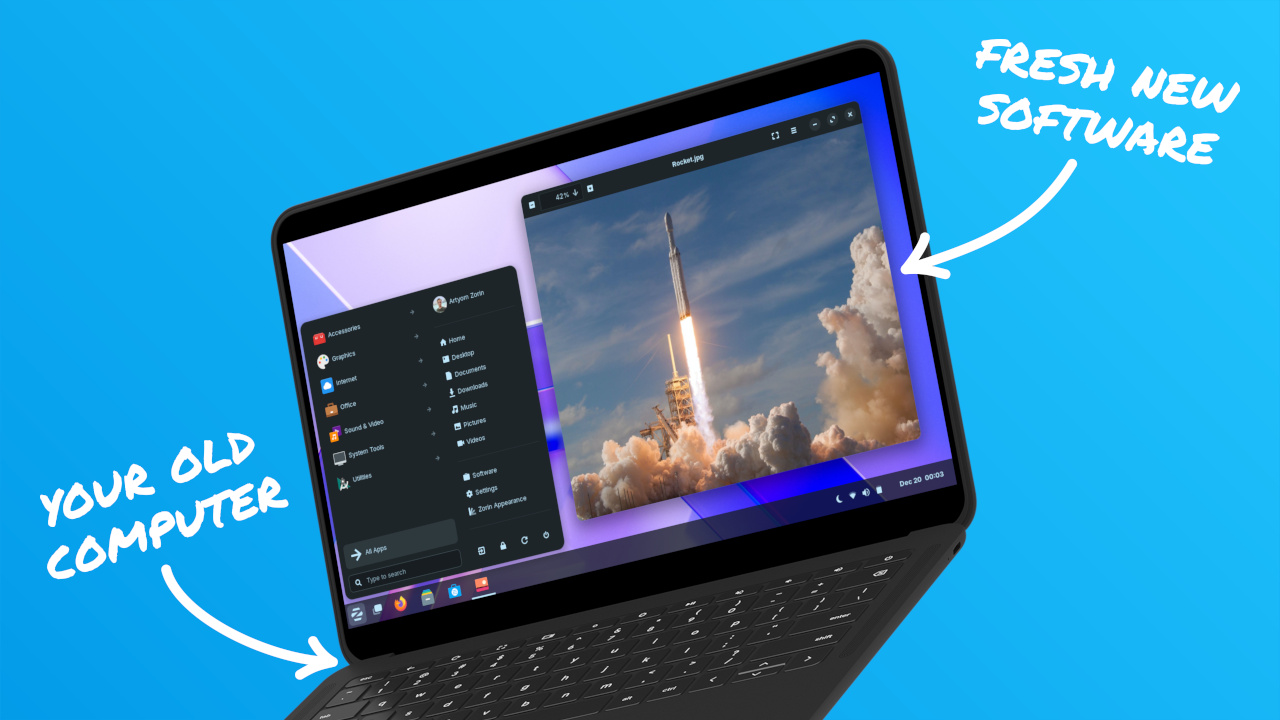 A laptop running Zorin OS with the labels 'Your old computer' and 'Fresh new software'